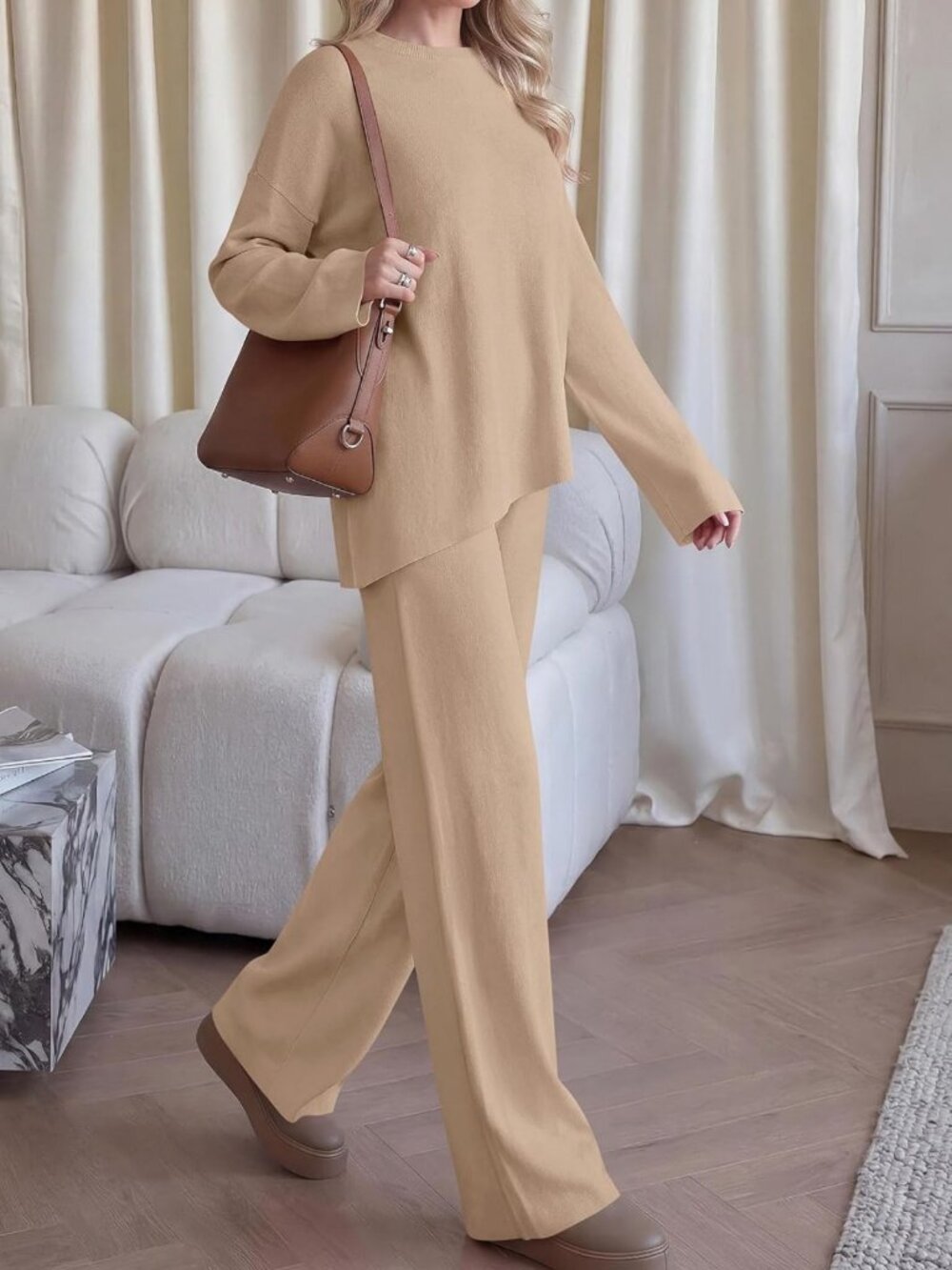 Cozy Fall 2-Piece Asymmetric Sweater & Lounge Set for Travel & Relaxation - Picture 3 of 7